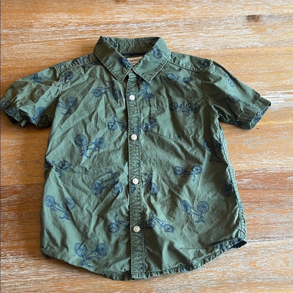 Carter's Olive Green Bicycle Print Button Down Shirt SZ 5T